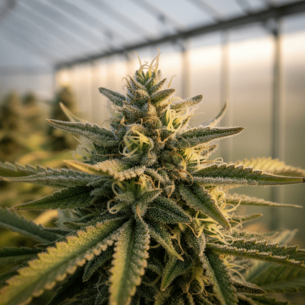 Gros plan macro sur fleur de CBD greenhouse mature avec trichomes cristallins visibles en lumière naturelle