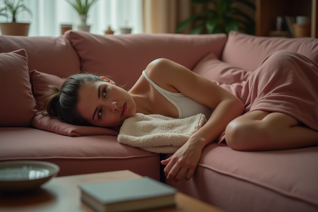 Femme appliquant une compresse chaude maison sur son avant-bras pour soulager des fourmillements, remède de grand-mère contre la paresthésie