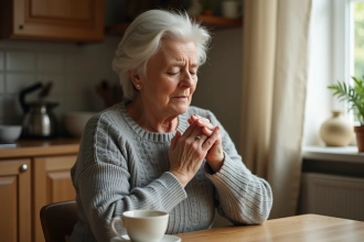 Femme d'âge mûr massant sa main pour soulager des fourmillements persistants, remède de grand-mère contre la paresthésie