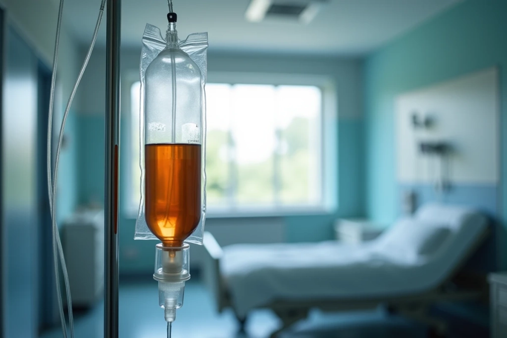 Gros plan sur une poche de perfusion de fer intraveineuse et chambre compte-gouttes en milieu hospitalier