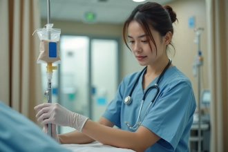 Infirmière ajustant une perfusion de fer intraveineuse dans un service d'hématologie hospitalier