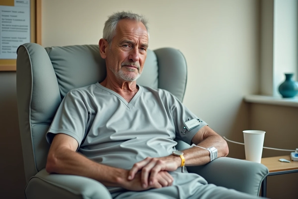 Patient sous perfusion de fer en clinique ambulatoire pour traitement de l'anémie sévère
