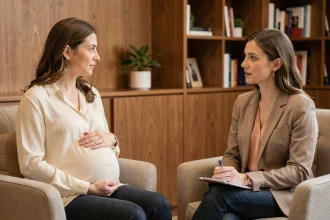 Femme enceinte en séance de soutien psychologique avec une thérapeute dans un cabinet apaisant