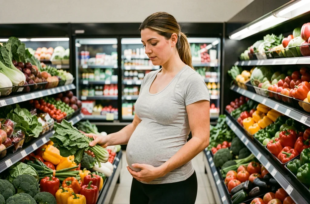Femme enceinte choisissant des légumes frais au supermarché dans le cadre d'une alimentation adaptée au diabète gestationnel