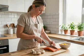 Femme préparant des aliments riches en vitamine D comme le saumon et les champignons dans une cuisine moderne