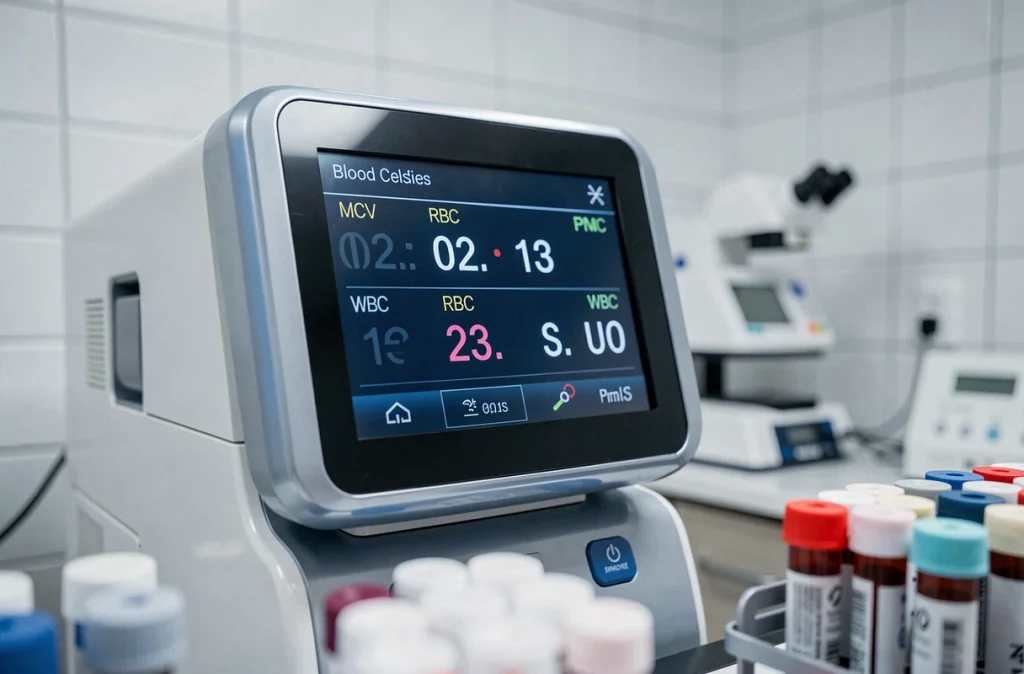 Analyseur automatisé de cellules sanguines affichant les valeurs du VGM et des paramètres de la numération formule sanguine en laboratoire hospitalier