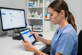 Assistante médicale consultant un formulaire de délégation médicale sur tablette dans un cabinet médical moderne