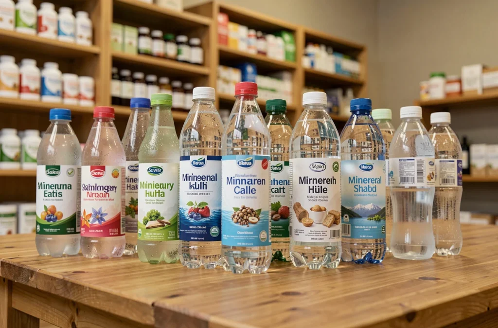 Rangée de bouteilles d'eau minérale sur une table en bois dans un magasin de santé naturelle, pour choisir la meilleure eau pour les reins