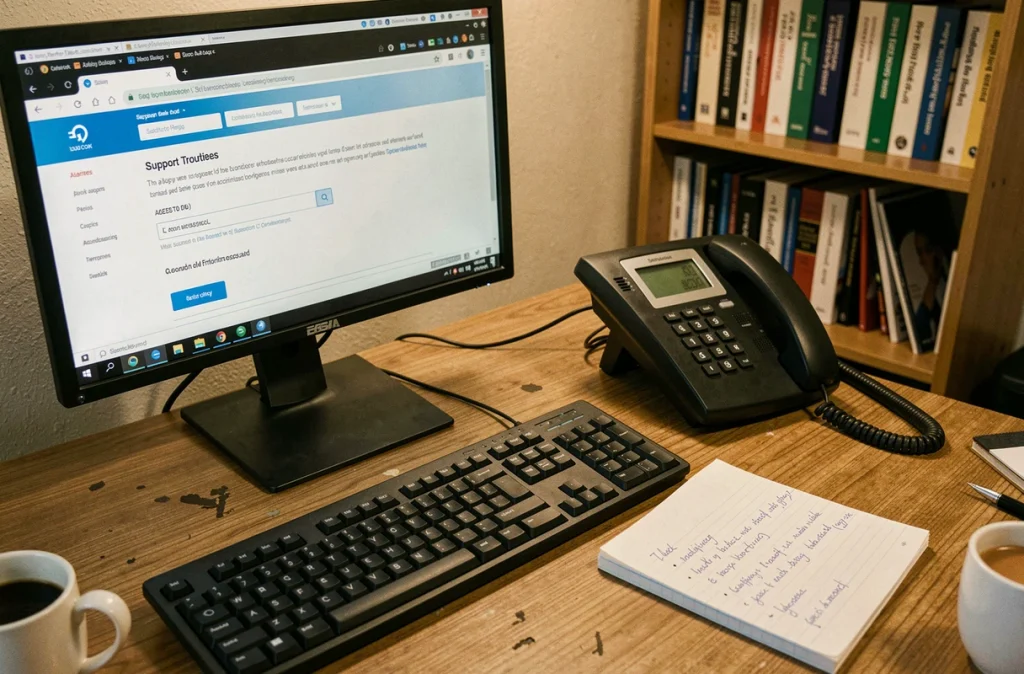 Bureau administratif médical avec écran de dépannage, bloc-notes manuscrit et téléphone pour résoudre un problème d'accès logiciel