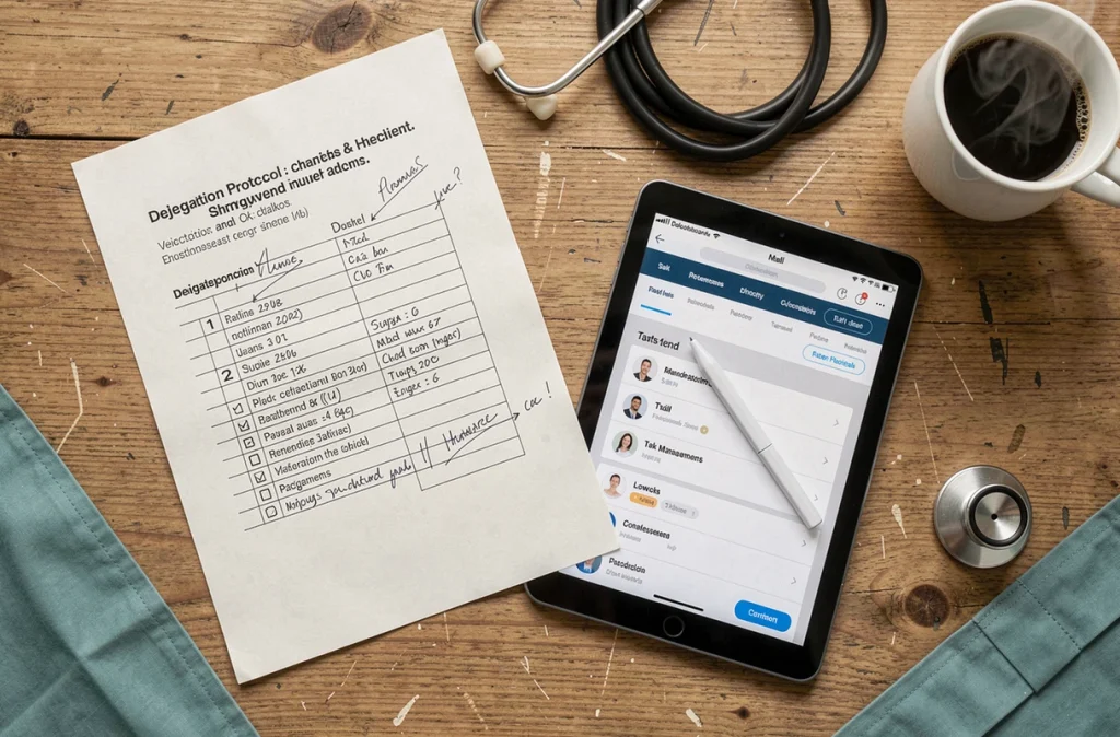 Vue aérienne d'un bureau médical avec protocole de délégation imprimé, tablette et stéthoscope pour un assistant médical