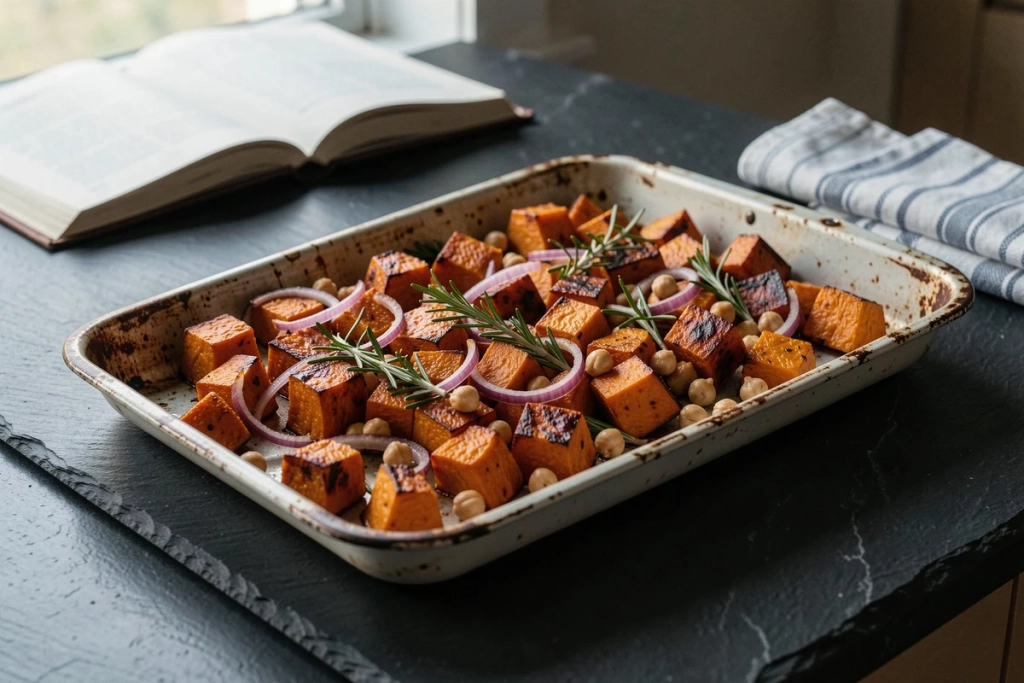 Plaque de butternut rôti caramélisé avec pois chiches et romarin frais, recette de comfort food légère et savoureuse