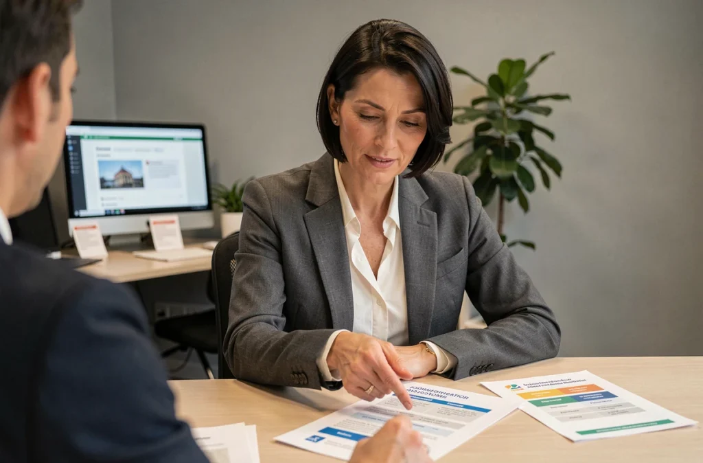 Conseillère en protection sociale expliquant les différences entre pension d'invalidité catégorie 2, chômage et dispense de recherche d'emploi à un usager