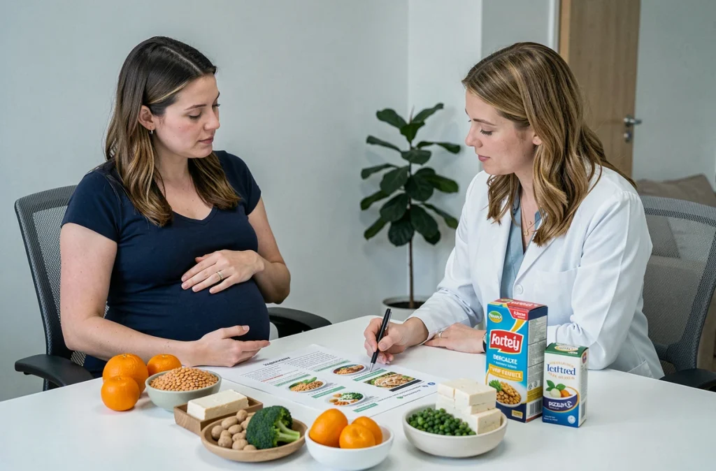 Femme enceinte consultant une nutritionniste sur un régime végétarien adapté à la grossesse avec des aliments frais sur le bureau