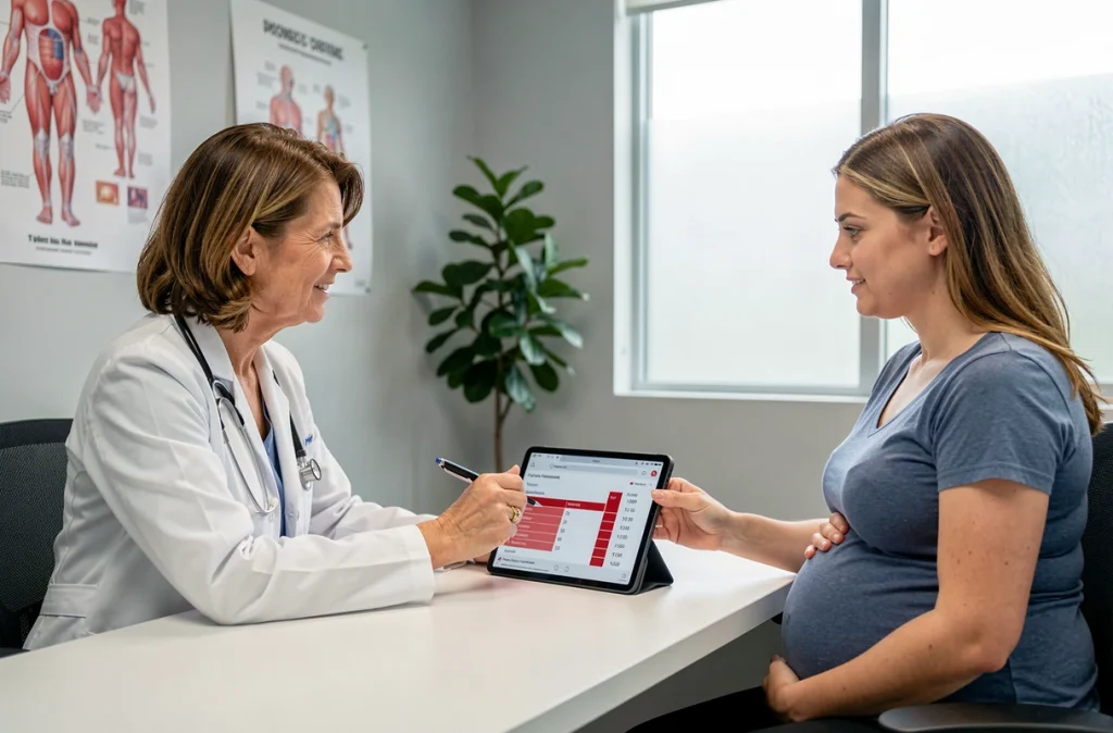 Médecin gynécologue présentant les résultats d'analyse de fer à une femme enceinte lors d'une consultation prénatale