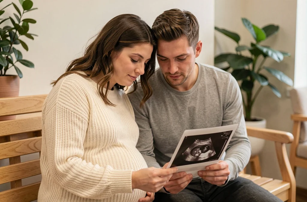 Couple enceinte ému tenant une photo d'échographie dans une salle d'attente, regard complice et tendre sur l'image du bébé à naître