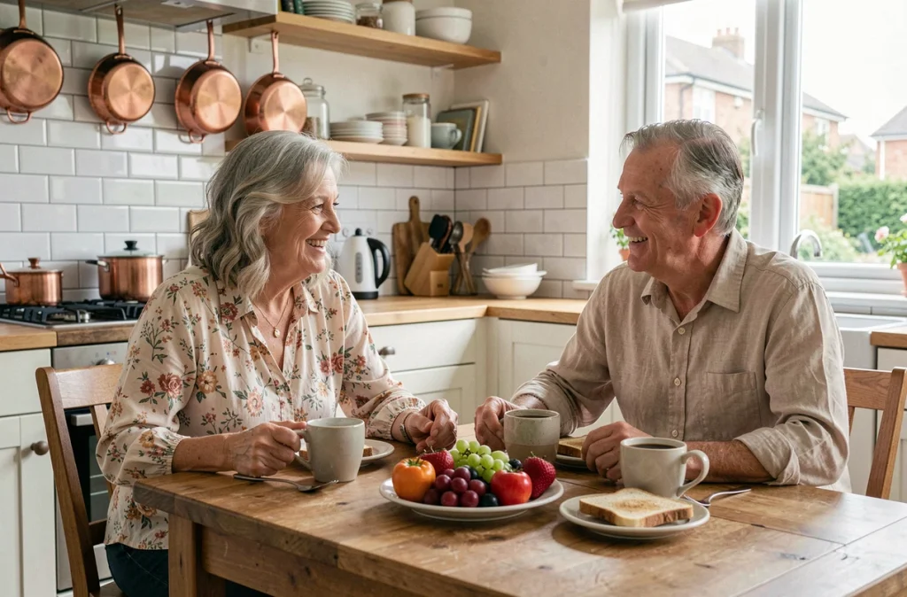 Couple de retraités de bonne humeur partageant un petit-déjeuner matinal, reflétant les bienfaits d'un sommeil réparateur sur le bien-être
