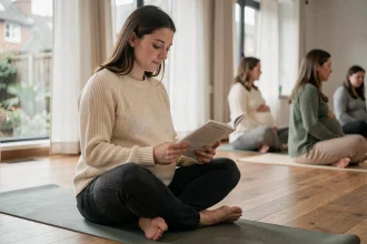 Femme enceinte assistant à un cours de préparation à la naissance dans un studio de yoga calme