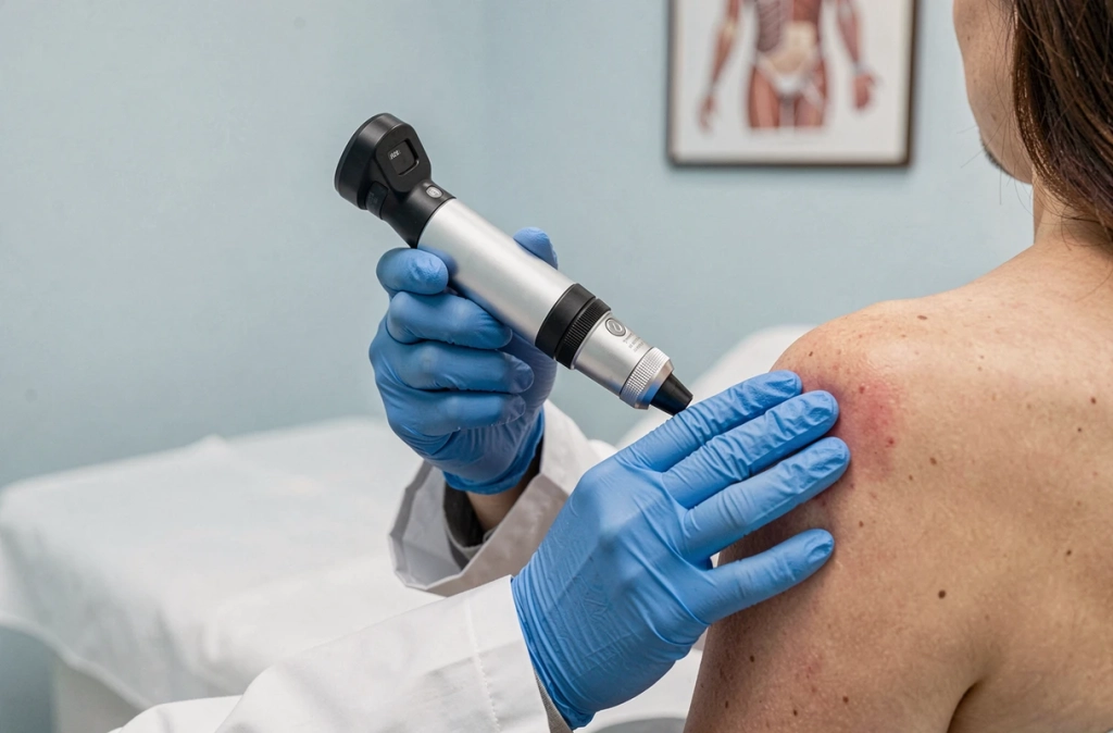 Dermatologue utilisant un dermatoscope pour examiner une lésion cutanée suspecte sur l'épaule d'un patient, dépistage précoce du cancer de la peau