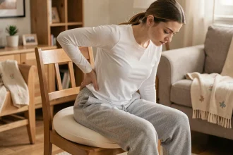 Jeune maman assise sur un coussin orthopédique en forme d'anneau pour soulager la douleur au coccyx après l'accouchement