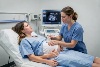 Femme enceinte allongée lors d'une échographie obstétricale avec une sage-femme qui applique la sonde sur le ventre arrondi dans une clinique moderne