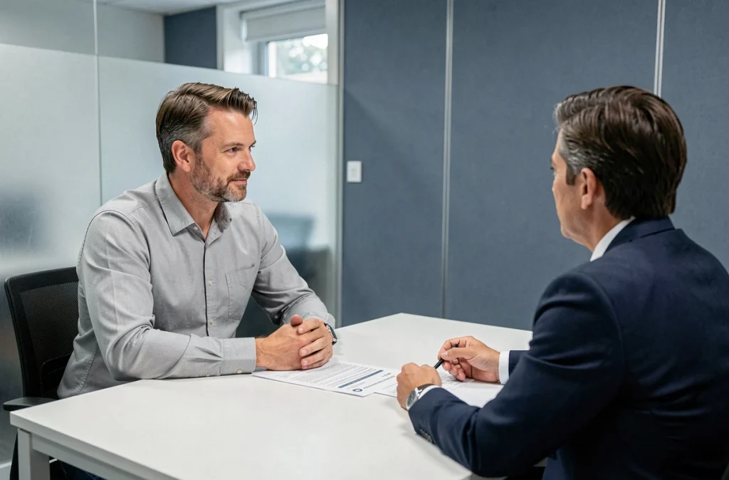 Homme en entretien avec un conseiller dans un bureau d'accompagnement aux droits des personnes en situation de handicap