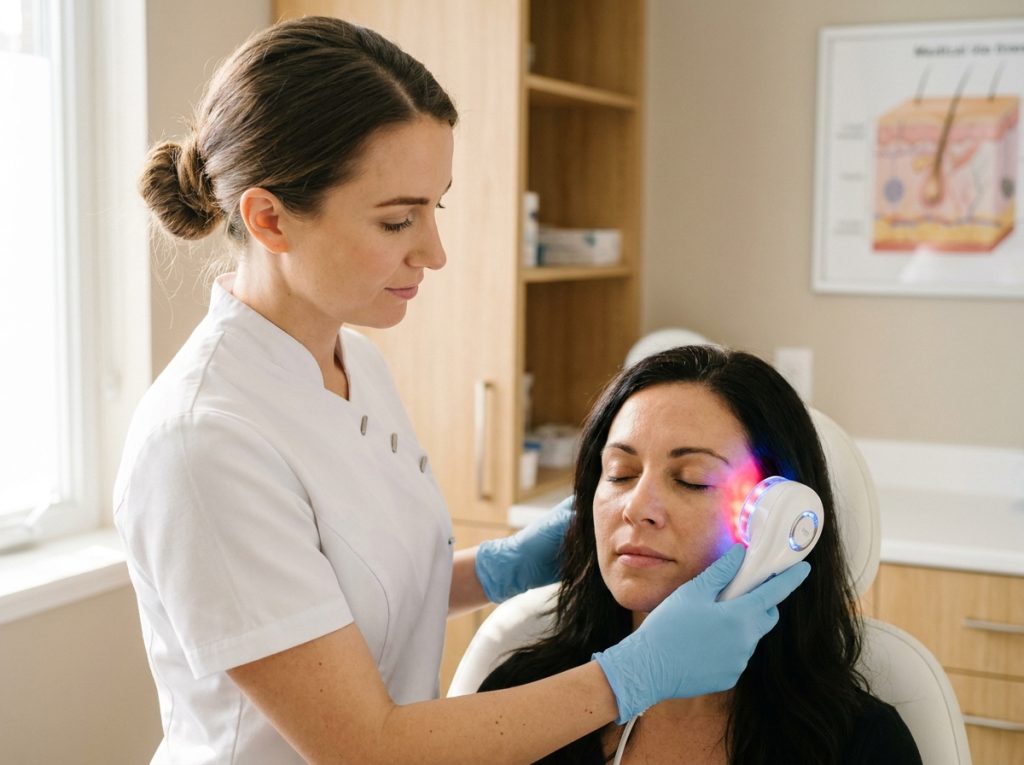 Esthéticienne appliquant un appareil de photothérapie LED sur le visage d'une cliente lors d'un soin esthétique professionnel
