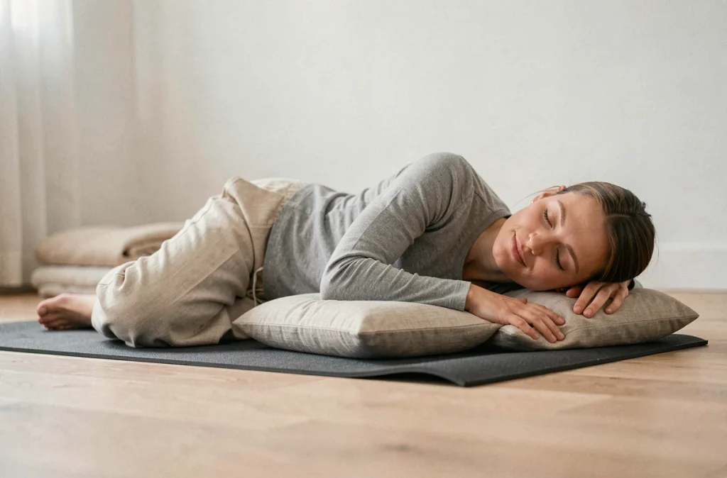 Femme en position de récupération allongée sur un tapis de yoga pour soulager les douleurs du coccyx après un accouchement