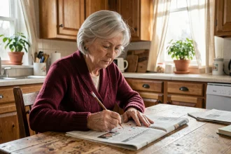 Une femme âgée concentrée résout des mots croisés à sa table de cuisine, illustrant la stimulation cognitive pour prévenir le déclin de la mémoire