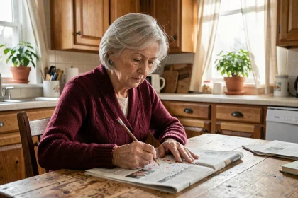 Une femme âgée concentrée résout des mots croisés à sa table de cuisine, illustrant la stimulation cognitive pour prévenir le déclin de la mémoire