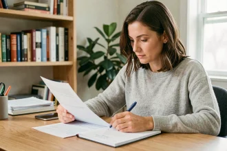 Femme analysant des avis et des documents sur la méthode Power 1000 dans un bureau à domicile organisé