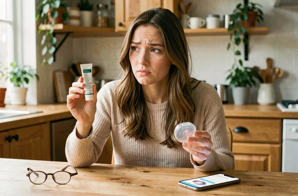 Jeune femme comparant un tube de collyre STERDEX et un étui à lentilles de contact, hésitant sur leur compatibilité
