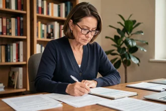 Femme d'une cinquantaine d'années lisant des documents administratifs liés aux droits du handicap à son bureau à domicile