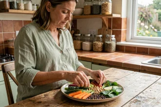 Femme enceinte végétarienne préparant un repas équilibré riche en légumes et légumineuses dans une cuisine chaleureuse