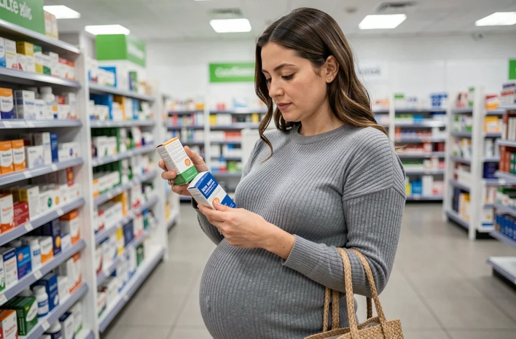 Femme enceinte lisant l'étiquette d'un complément alimentaire en fer en pharmacie pour prévenir l'anémie