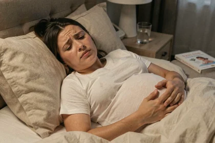 Femme enceinte au troisième trimestre allongée dans son lit, les yeux ouverts, souffrant de troubles du sommeil