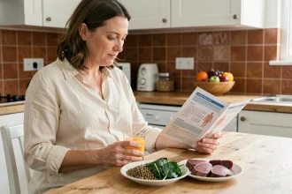 Femme enceinte consultant un livret médical sur le fer pendant la grossesse avec des aliments riches en fer sur la table