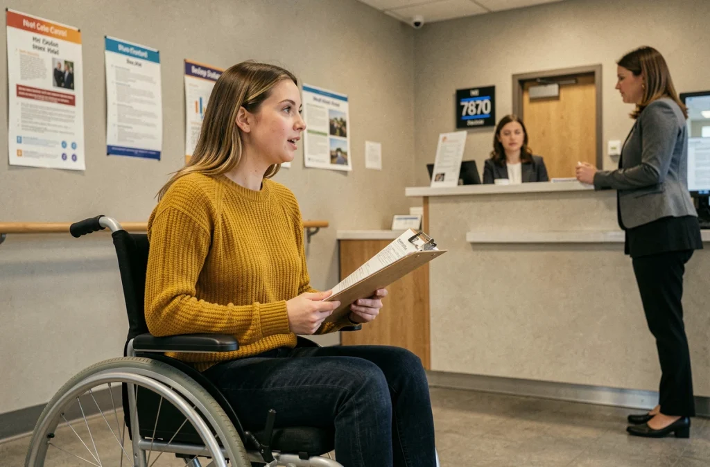 Jeune femme en fauteuil roulant déposant un dossier administratif à l'accueil d'une maison départementale des personnes handicapées