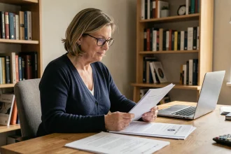 Femme en situation d'invalidité catégorie 2 consultant des documents administratifs sur sa pension d'invalidité et ses droits au chômage