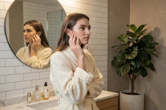 Jeune femme examinant sa peau claire dans un miroir de salle de bain minimaliste après utilisation de Circle CLEAR
