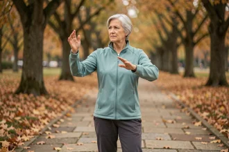 Femme de 68 ans pratiquant le tai chi en plein air dans un parc en automne pour maintenir sa mobilité après 65 ans