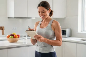 Femme motivée consultant ses notes de suivi minceur dans une cuisine moderne et saine