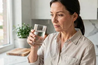 Femme tenant un verre d'eau pure dans une cuisine moderne, évaluant la qualité de l'eau pour la santé des reins