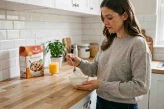 Femme préparant son yaourt Activia le matin dans une cuisine moderne pour une consommation quotidienne