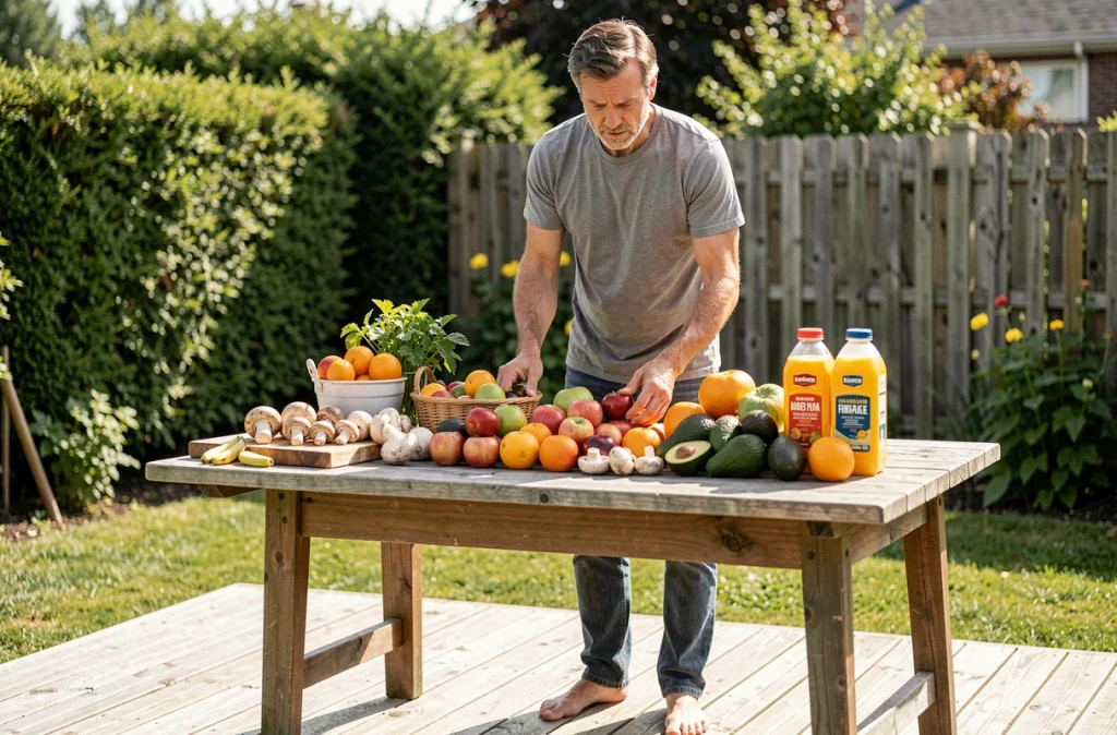 Homme examinant des fruits et légumes sur une table extérieure pour comprendre leur teneur en vitamine D