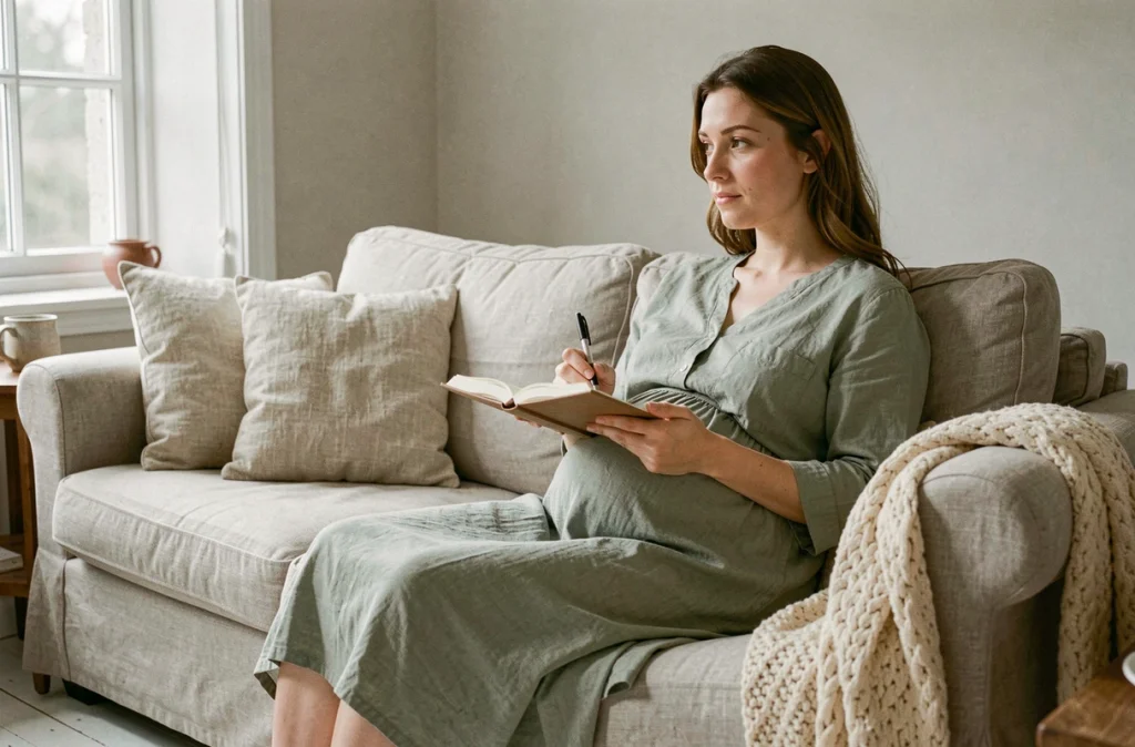 Femme enceinte pratiquant la journalisation comme outil de gestion de l'anxiété prénatale à domicile