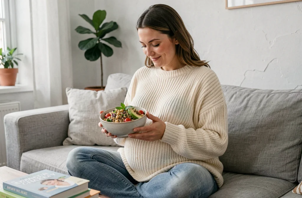 Femme enceinte souriante tenant un bol de salade végétarienne équilibrée assise sur un canapé confortable