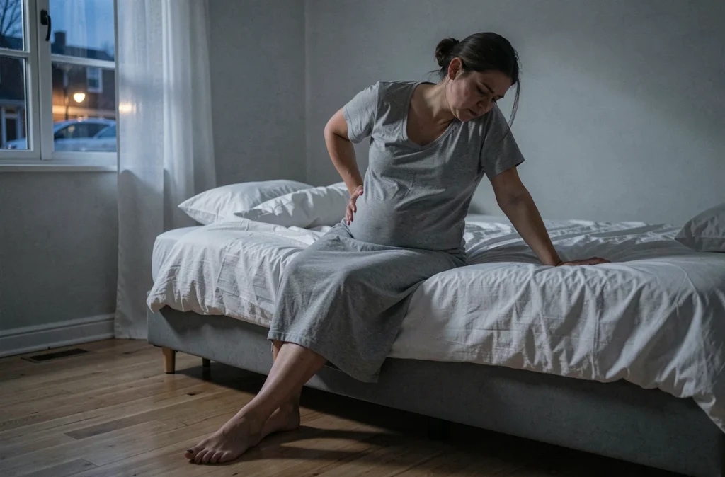 Femme enceinte assise au bord du lit la nuit, fatiguée, souffrant de douleurs dorsales et de manque de sommeil en fin de grossesse