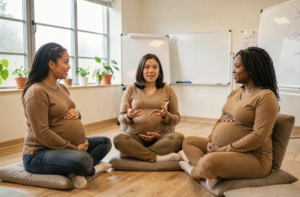 Groupe de soutien prénatal avec des femmes enceintes partageant leurs expériences d'anxiété dans un espace thérapeutique
