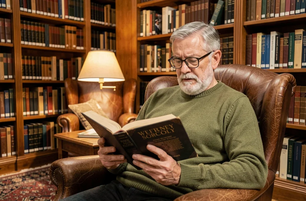 Un homme âgé lit un livre dans une bibliothèque, illustrant la stimulation intellectuelle comme outil de préservation de la mémoire chez les aînés