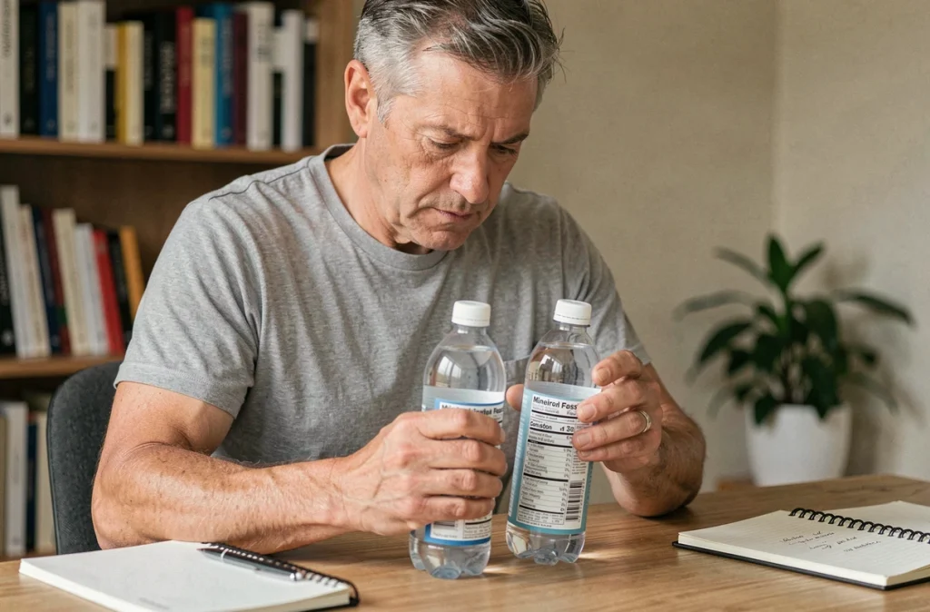 Homme comparant des étiquettes de bouteilles d'eau minérale à son bureau pour choisir la meilleure eau pour la santé des reins